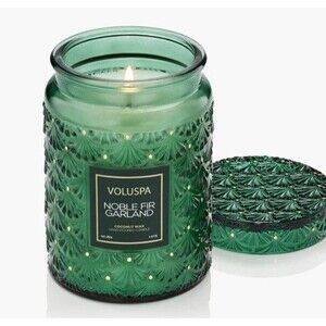 Voluspa Noble Fir Garland Candle 18 oz Coconut Wax Embossed Green Glass Jar NEW